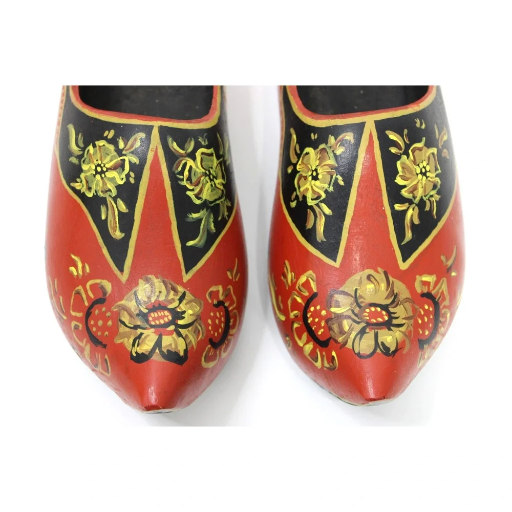 Vintage Hand Painted Wooden Clogs Dutch Holland Shoes Floral Folk Art 9